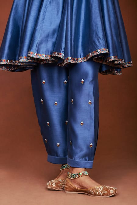 Buy_Sue Mue_Blue Chanderi Silk Applique, Embroidery, Rai Tribal Floral Anarkali Salwar Set _Online_at_Aza_Fashions