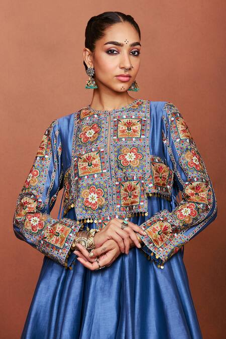 Shop_Sue Mue_Blue Chanderi Silk Applique, Embroidery, Rai Tribal Floral Anarkali Salwar Set _Online_at_Aza_Fashions