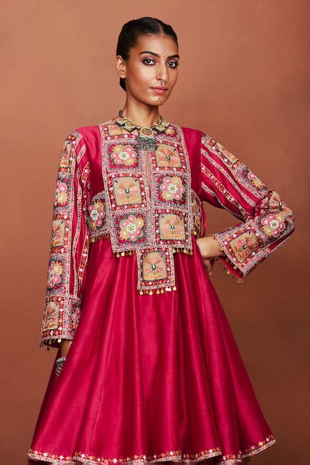 Sue Mue_Red Chanderi Silk Embroidery, Applique, Foil Rai Tribal Anarkali Salwar Set _Online_at_Aza_Fashions