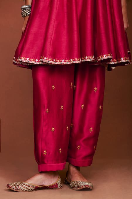 Buy_Sue Mue_Red Chanderi Silk Embroidery, Applique, Foil Rai Tribal Anarkali Salwar Set _Online_at_Aza_Fashions
