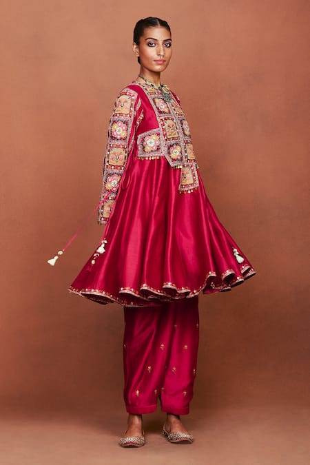 Shop_Sue Mue_Red Chanderi Silk Embroidery, Applique, Foil Rai Tribal Anarkali Salwar Set _Online_at_Aza_Fashions