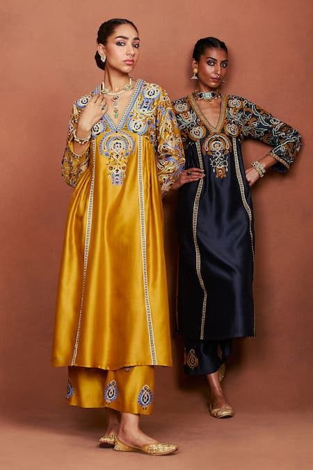 Sue Mue_Mustard Silk, Embroidery, Applique Nira Floral Kurta Set _Online_at_Aza_Fashions