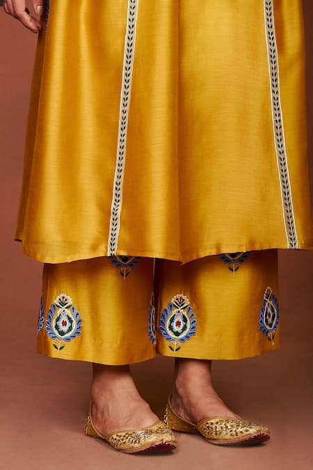 Shop_Sue Mue_Mustard Silk, Embroidery, Applique Nira Floral Kurta Set _Online_at_Aza_Fashions