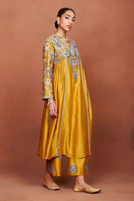 Sue Mue_Mustard Silk, Embroidery, Applique Nira Floral Kurta Set _at_Aza_Fashions