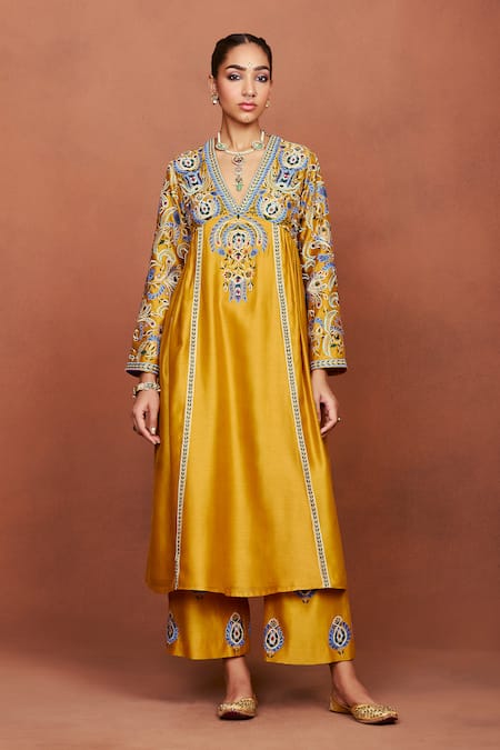 Buy_Sue Mue_Mustard Silk, Embroidery, Applique Nira Floral Kurta Set 