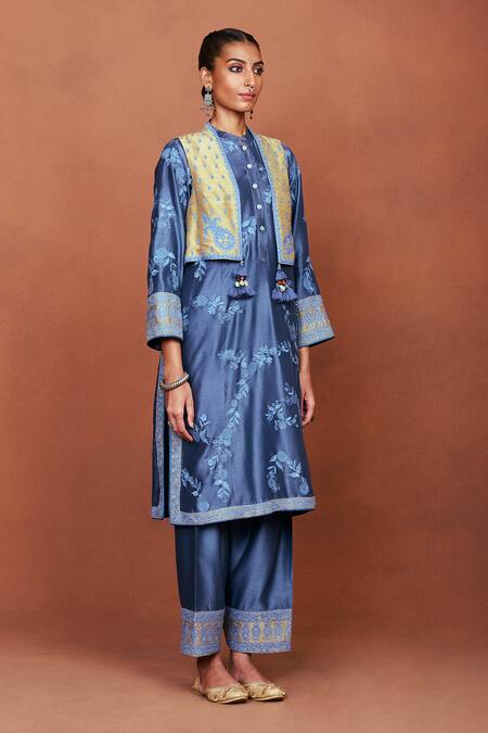 Sue Mue_Blue Silk Embroidery, Sequins, Beads, Tassels, Applique Jia Jacket Kurta Set _Online_at_Aza_Fashions