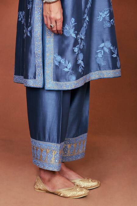 Buy_Sue Mue_Blue Silk Embroidery, Sequins, Beads, Tassels, Applique Jia Jacket Kurta Set _Online_at_Aza_Fashions