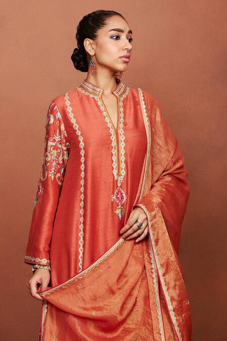 Sue Mue_Orange Silk, Cotton, Tissue Embroidery, Sequins, Beads, Zari Amu Kurta Set _Online_at_Aza_Fashions