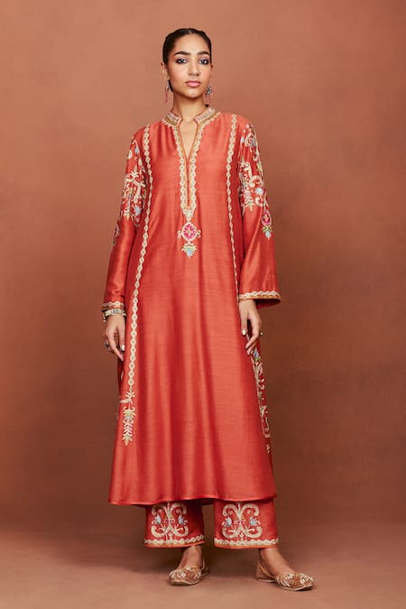 Shop_Sue Mue_Orange Silk, Cotton, Tissue Embroidery, Sequins, Beads, Zari Amu Kurta Set _Online_at_Aza_Fashions