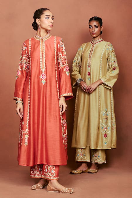 Sue Mue_Orange Silk, Cotton, Tissue Embroidery, Sequins, Beads, Zari Amu Kurta Set _at_Aza_Fashions