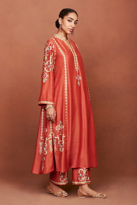 Buy_Sue Mue_Orange Silk, Cotton, Tissue Embroidery, Sequins, Beads, Zari Amu Kurta Set 