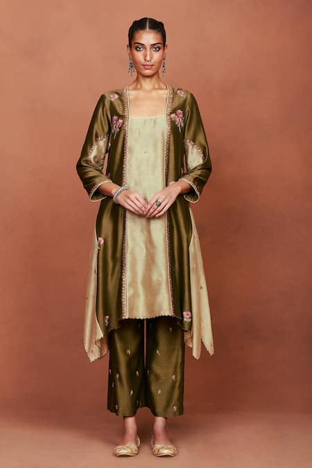 Buy Sue Mue Olive Green Chanderi Silk Embroidery, Zari Square Leya Colour Block Kurta Set Online at Aza Fashions Buy_Sue Mue_Olive Green Chanderi Silk Embroidery, Zari Square Leya Colour Block Kurta Set _Online_at_Aza_Fashions