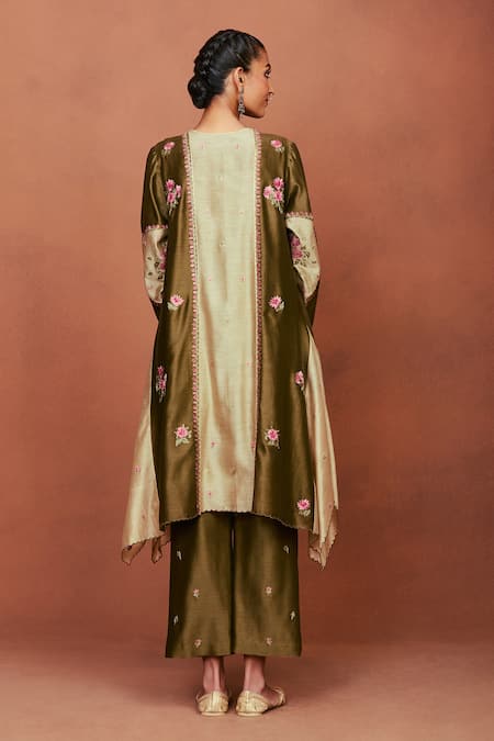 Buy Sue Mue Olive Green Chanderi Silk Embroidery, Zari Square Leya Colour Block Kurta Set Buy_Sue Mue_Olive Green Chanderi Silk Embroidery, Zari Square Leya Colour Block Kurta Set