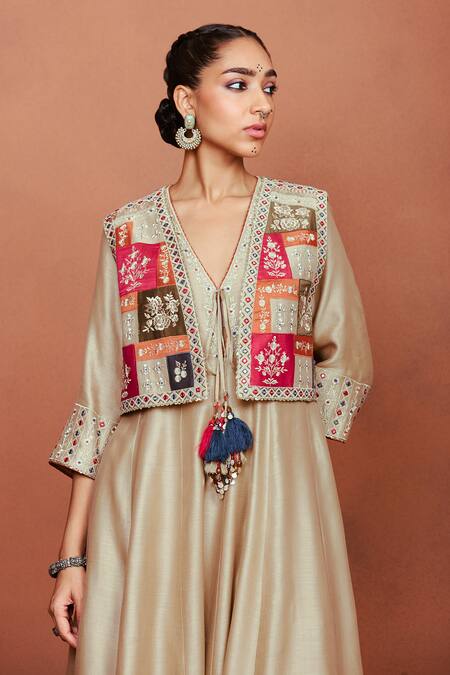 Shop_Sue Mue_Beige Chanderi Silk Embroidery, Cut Boha Tribal Geometric Floral Anarkali Set _Online_at_Aza_Fashions