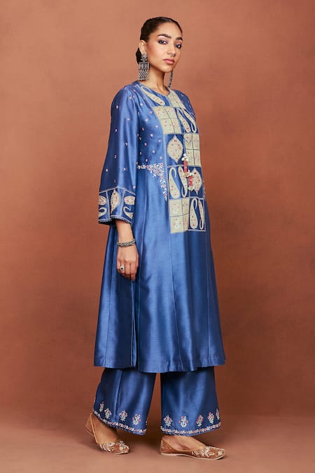 Shop_Sue Mue_Blue Silk, Cotton, Tissue, Oor Tribal Geometric Kurta Set _Online_at_Aza_Fashions