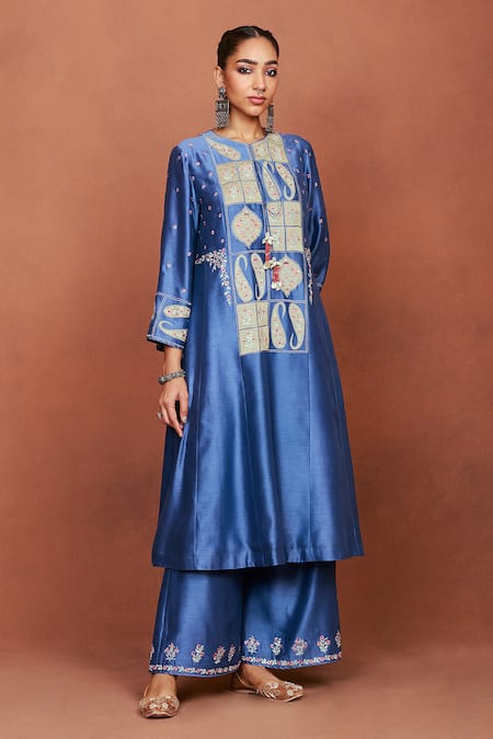 Sue Mue_Blue Silk, Cotton, Tissue, Oor Tribal Geometric Kurta Set _at_Aza_Fashions