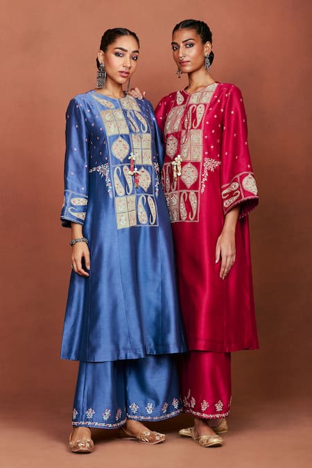 Buy_Sue Mue_Red Chanderi , Tissue, Oor Tribal Floral Applique Kurta Set _Online_at_Aza_Fashions