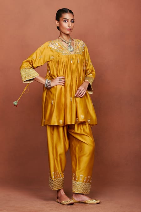 Sue Mue_Mustard Chanderi Silk, Cotton, Tissue Embroidery, Moha Floral Kurta Salwar Set _Online_at_Aza_Fashions
