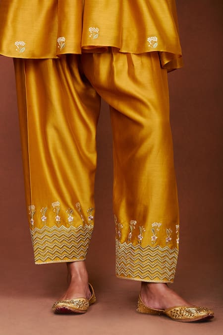 Buy_Sue Mue_Mustard Chanderi Silk, Cotton, Tissue Embroidery, Moha Floral Kurta Salwar Set _Online_at_Aza_Fashions