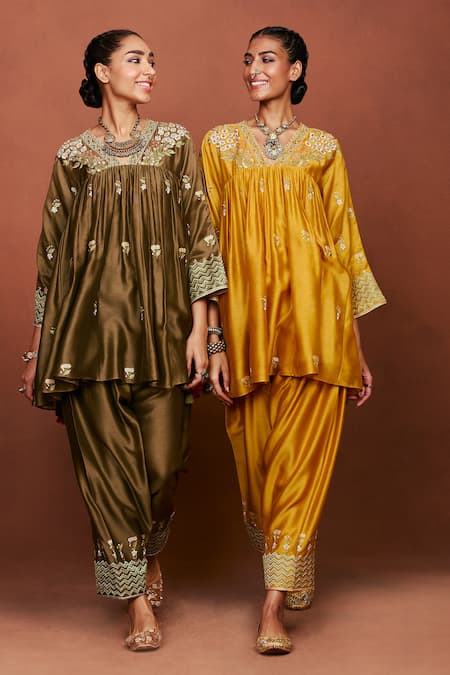 Shop_Sue Mue_Mustard Chanderi Silk, Cotton, Tissue Embroidery, Moha Floral Kurta Salwar Set _Online_at_Aza_Fashions