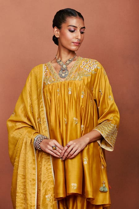 Sue Mue_Mustard Chanderi Silk, Cotton, Tissue Embroidery, Moha Floral Kurta Salwar Set _at_Aza_Fashions