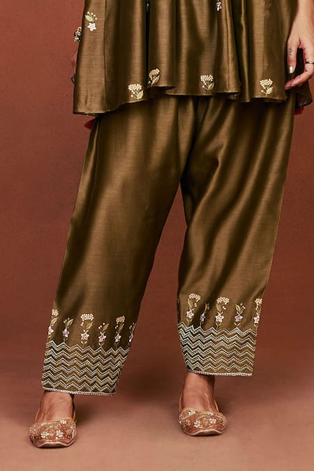 Sue Mue_Olive Green Chanderi Silk, Tissue, Cotton Moha Floral And Chevron Kurta Set _Online_at_Aza_Fashions