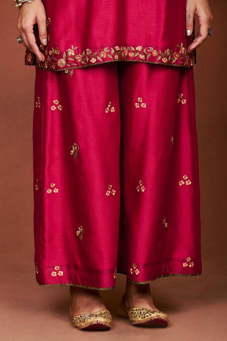 Shop Sue Mue Red Chanderi Silk, Tissue, Cotton Zoa Deep Handwoven Floral Kurta Palazzo Set Online at Aza Fashions Shop_Sue Mue_Red Chanderi Silk, Tissue, Cotton Zoa Deep Handwoven Floral Kurta Palazzo Set _Online_at_Aza_Fashions