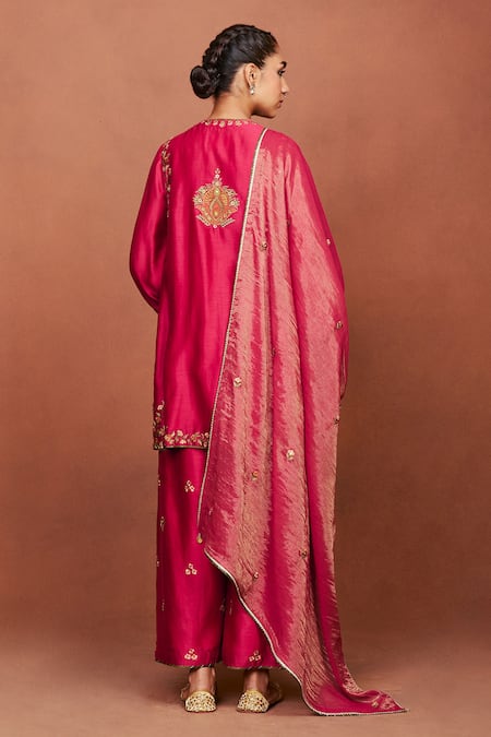 Sue Mue Zoa Deep Red Handwoven Silk Chanderi Floral Kurta Palazzo Set 