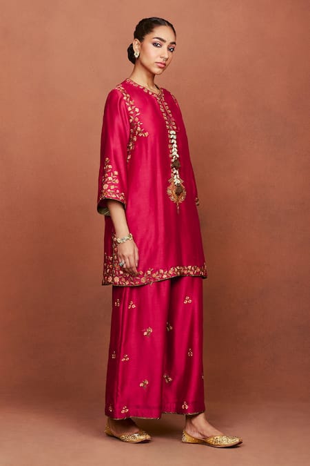 Sue Mue_Red Chanderi Silk, Tissue, Cotton Zoa Deep Handwoven Floral Kurta Palazzo Set _at_Aza_Fashions