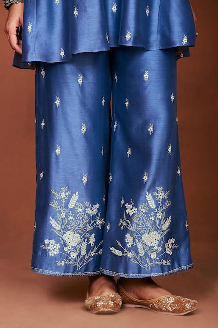 Sue Mue_Blue Chanderi Silk, Handloom Cotton, Tissue Embroidery, Azi Floral Kurta Set _at_Aza_Fashions