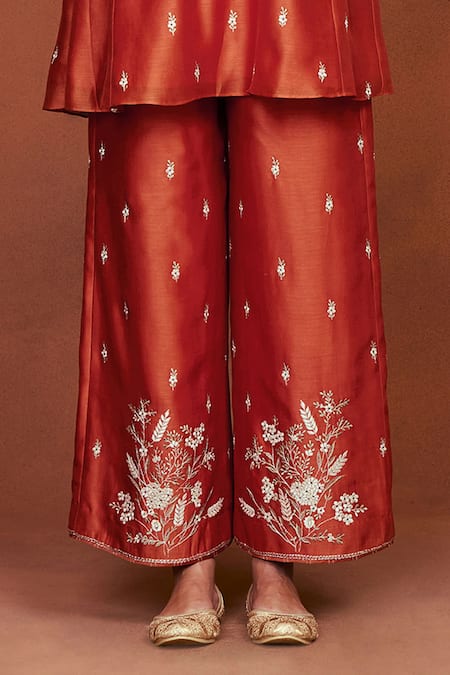 Sue Mue_Orange Chanderi Silk, Handloom Cotton, Tissue Embroidery, Azi Floral Kurta Set _Online_at_Aza_Fashions