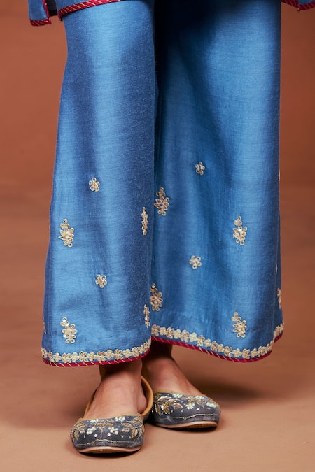 Sue Mue_Blue Silk Embroidery, Sequins, Kai Color Block Floral Motif Tunic And Pant Set _Online_at_Aza_Fashions