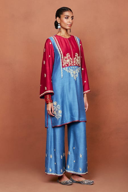 Buy_Sue Mue_Blue Silk Embroidery, Sequins, Kai Color Block Floral Motif Tunic And Pant Set _Online_at_Aza_Fashions
