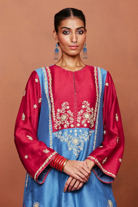 Shop_Sue Mue_Blue Silk Embroidery, Sequins, Kai Color Block Floral Motif Tunic And Pant Set _Online_at_Aza_Fashions