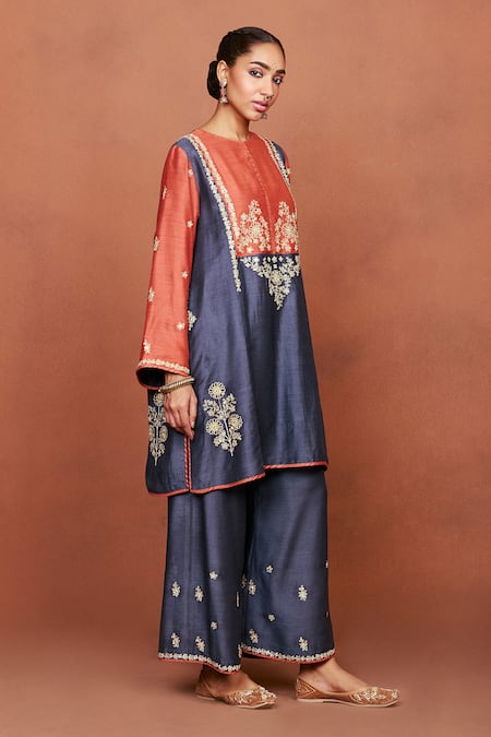 Sue Mue_Charcoal Silk Embroidery, Sequins, Beads, Zari Kai Color Block Tunic And Pant Set _Online_at_Aza_Fashions
