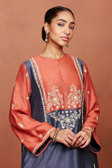 Shop_Sue Mue_Charcoal Silk Embroidery, Sequins, Beads, Zari Kai Color Block Tunic And Pant Set _Online_at_Aza_Fashions