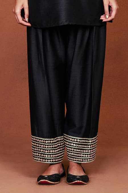 Sue Mue_Black Silk Embroidery, Sequins, Beads, Zari Shai Floral Tunic And Salwar Set _Online_at_Aza_Fashions