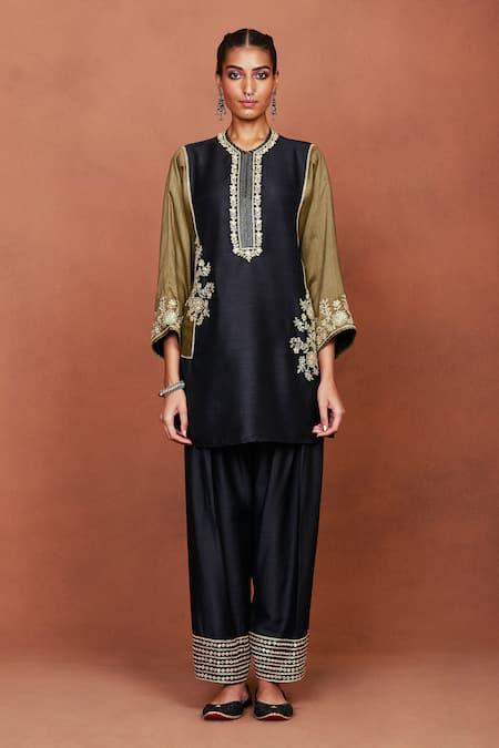 Buy_Sue Mue_Black Silk Embroidery, Sequins, Beads, Zari Shai Floral Tunic And Salwar Set _Online_at_Aza_Fashions