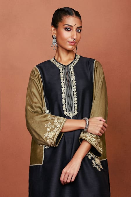 Shop_Sue Mue_Black Silk Embroidery, Sequins, Beads, Zari Shai Floral Tunic And Salwar Set _Online_at_Aza_Fashions