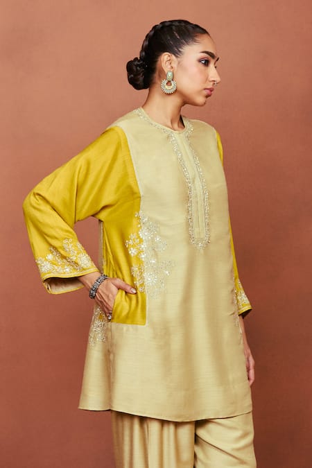 Sue Mue_Beige Silk Beads, Embroidery, Sequins, Zari, Shai Color Block Tunic With Salwar _Online_at_Aza_Fashions