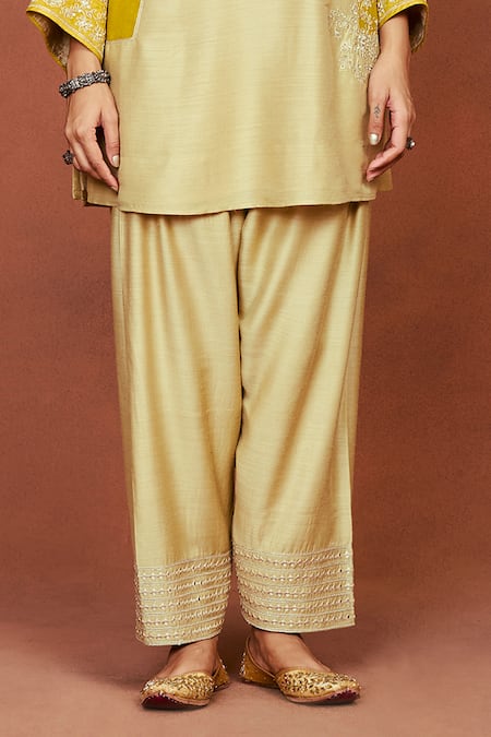 Buy_Sue Mue_Beige Silk Beads, Embroidery, Sequins, Zari, Shai Color Block Tunic With Salwar _Online_at_Aza_Fashions