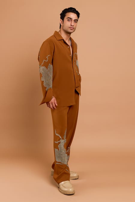 Rohit Doshi_Brown Crepe, Polyester Embroidery Abstract Motif Shirt And Pant Set _Online_at_Aza_Fashions