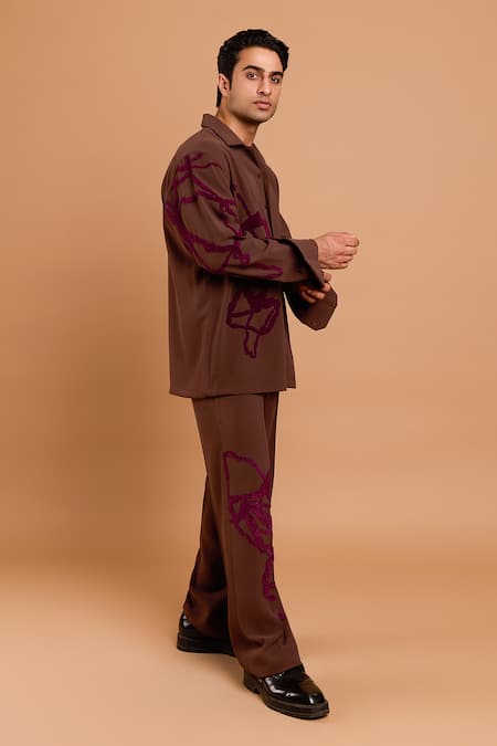 Buy_Rohit Doshi_Brown Polyester, Crepe Embroidery Abstract Shirt And Pant Set _Online_at_Aza_Fashions