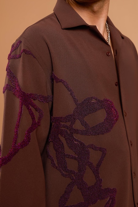 Shop_Rohit Doshi_Brown Polyester, Crepe Embroidery Abstract Shirt And Pant Set _Online_at_Aza_Fashions