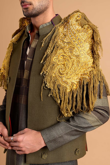 Rohit Doshi_Olive Green Cotton Embroidery, Zari, Applique Bundi And Kurta Set _Online_at_Aza_Fashions