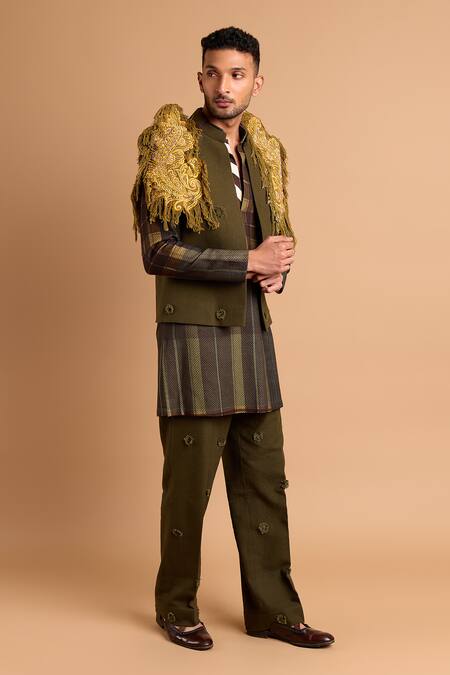 Buy_Rohit Doshi_Olive Green Cotton Embroidery, Zari, Applique Bundi And Kurta Set _Online_at_Aza_Fashions