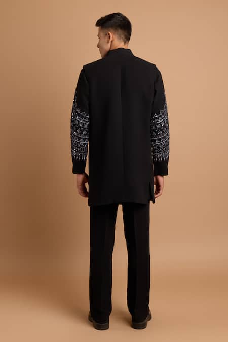 Shop Rohit Doshi Black Crepe Embroidery, Sequins Geometric Bundi And Kurta Set at Aza Fashions Shop_Rohit Doshi_Black Crepe Embroidery, Sequins Geometric Bundi And Kurta Set _at_Aza_Fashions