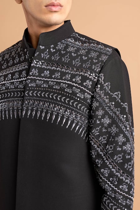Rohit Doshi Black Crepe Embroidery, Sequins Geometric Bundi And Kurta Set Online at Aza Fashions Rohit Doshi_Black Crepe Embroidery, Sequins Geometric Bundi And Kurta Set _Online_at_Aza_Fashions