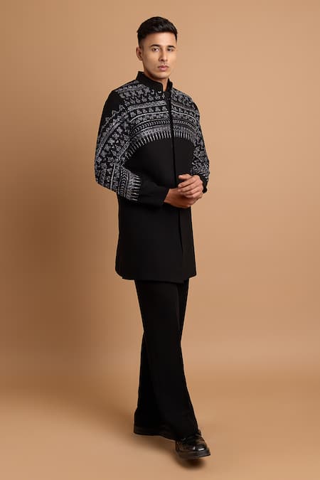 Buy Rohit Doshi Black Crepe Embroidery, Sequins Geometric Bundi And Kurta Set Online at Aza Fashions Buy_Rohit Doshi_Black Crepe Embroidery, Sequins Geometric Bundi And Kurta Set _Online_at_Aza_Fashions