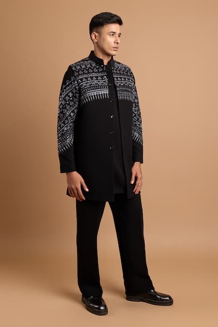 Shop Rohit Doshi Black Crepe Embroidery, Sequins Geometric Bundi And Kurta Set Online at Aza Fashions Shop_Rohit Doshi_Black Crepe Embroidery, Sequins Geometric Bundi And Kurta Set _Online_at_Aza_Fashions